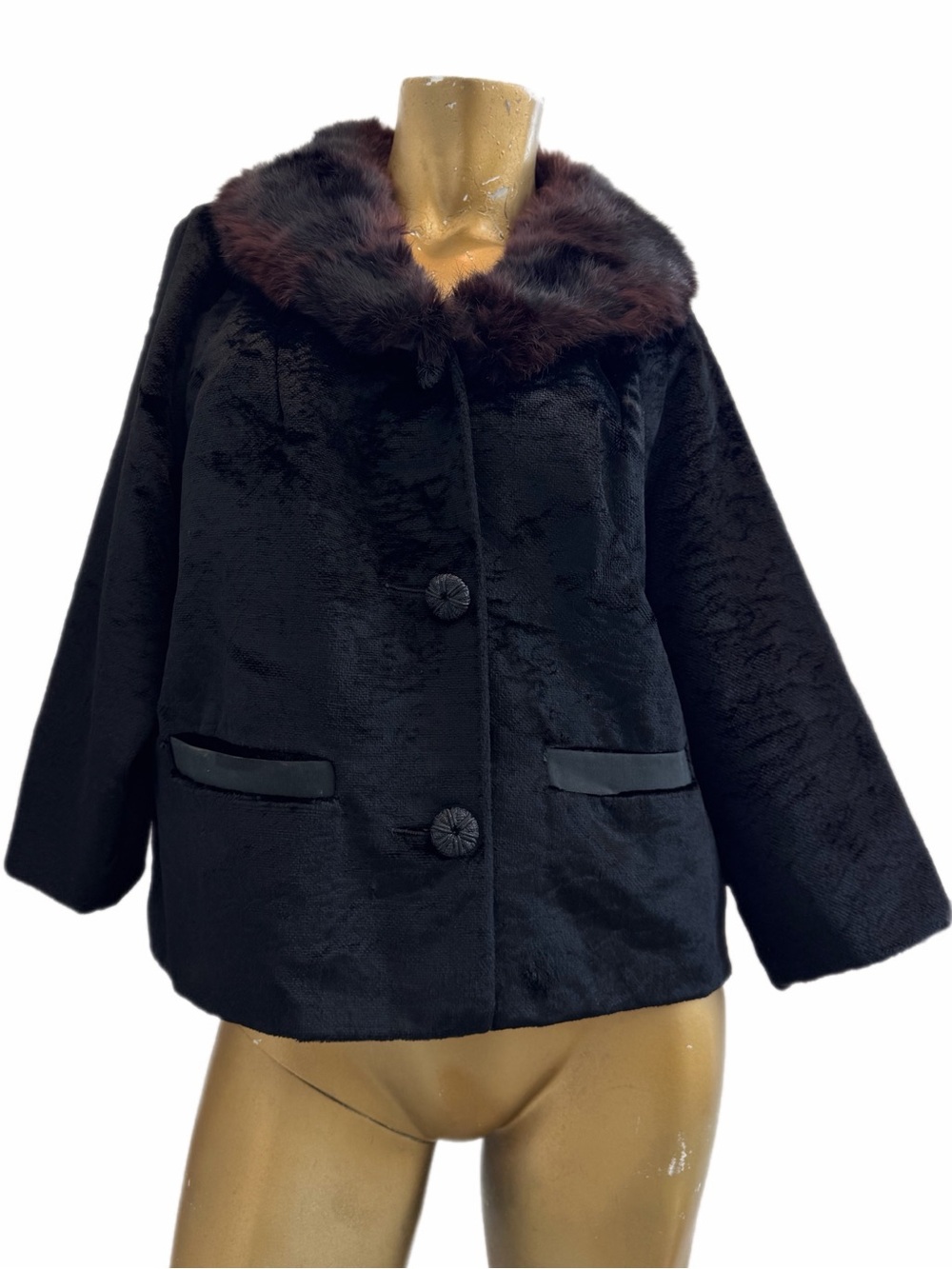 Vintage 1950s 60s Black Velvet Evening Jacket Genuine Fur Mink Collar size XL